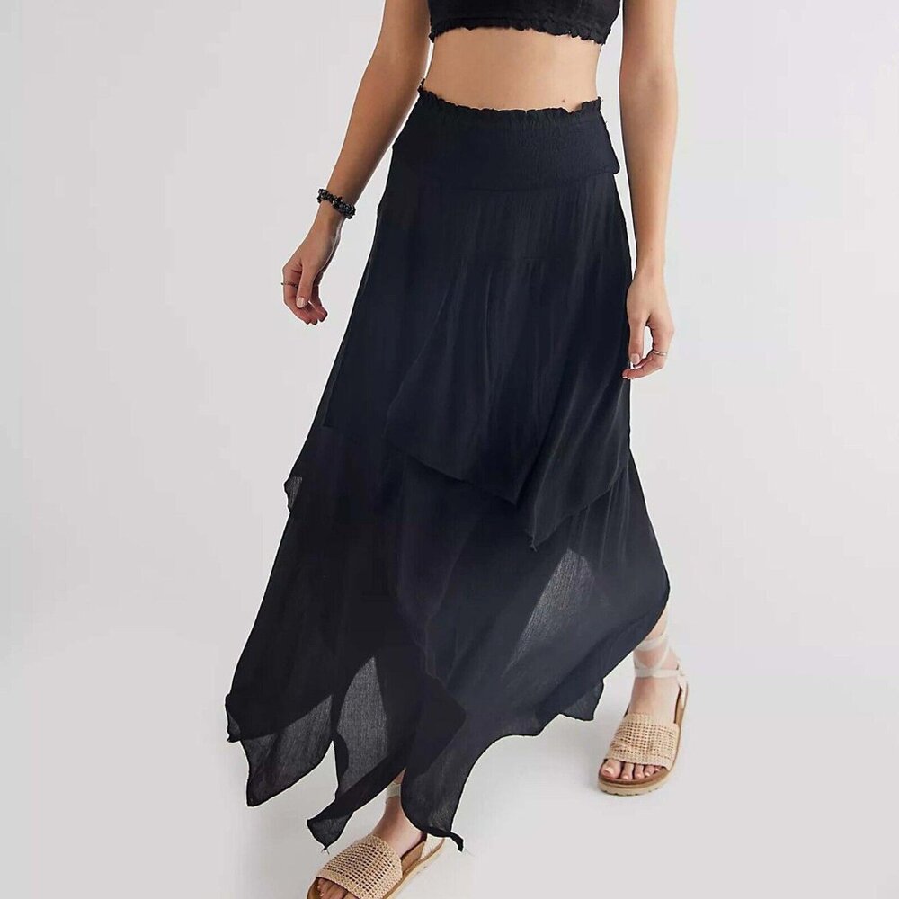 Free People Free-Est Primo Perfect Maxi Long Skirt Smocked  Tiered L New 277232